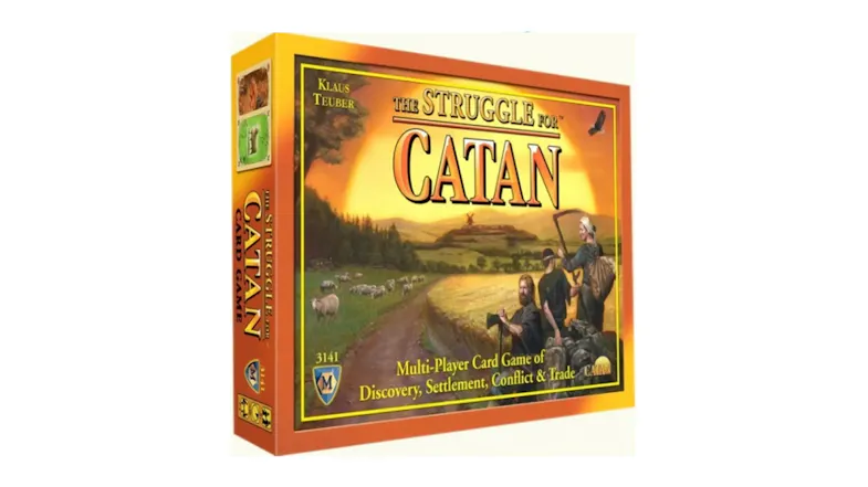 An orange box of The Struggle for Catan Deckbuilder Card Game. An orange box of The Struggle for Catan Deckbuilder Card Game.