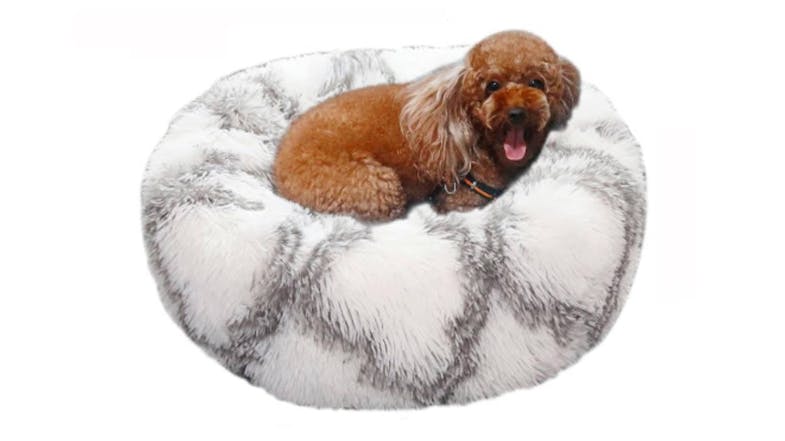 A dog with curly fur lies comfortably on a round, fluffy grey and white pet bed. A dog with curly fur lies comfortably on a round, fluffy grey and white pet bed.