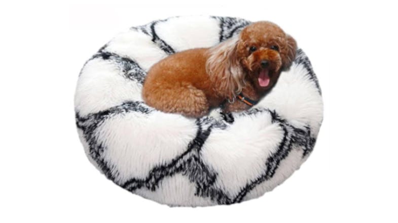 A dog with curly fur lies comfortably on a round, fluffy black and white pet bed. A dog with curly fur lies comfortably on a round, fluffy black and white pet bed.