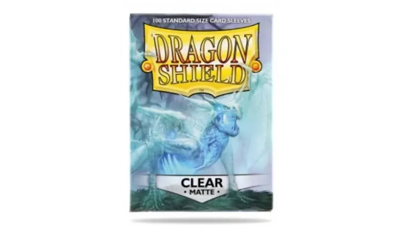 A box containing 100 matte clear Dragon Shield protective card sleeves. A box containing 100 matte clear Dragon Shield protective card sleeves.