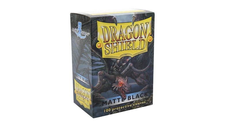 A box containing 100 Dragon Shield protective card sleeves, in matte black colour. A box containing 100 Dragon Shield protective card sleeves, in matte black colour.