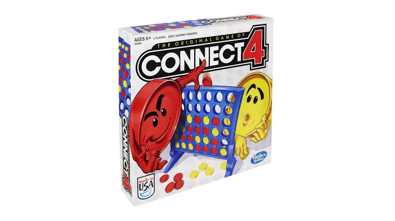A right-facing view of a Connect Four game box A right-facing view of a Connect Four game box