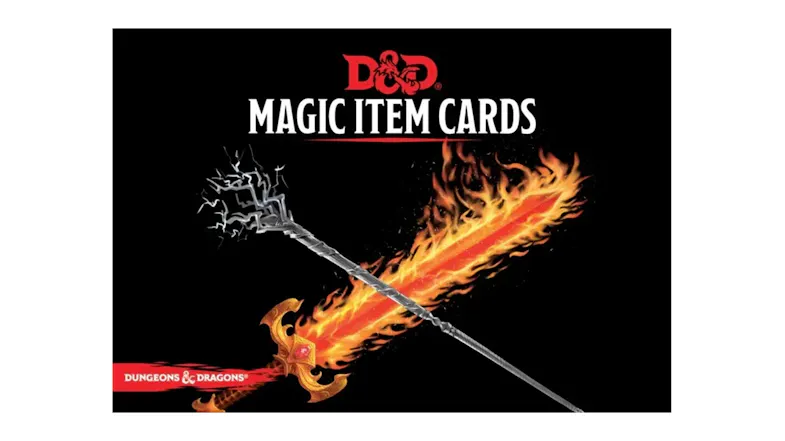 A promotional graphic for D&D Magic Item Cards with crossed elemental swords A promotional graphic for D&D Magic Item Cards with crossed elemental swords