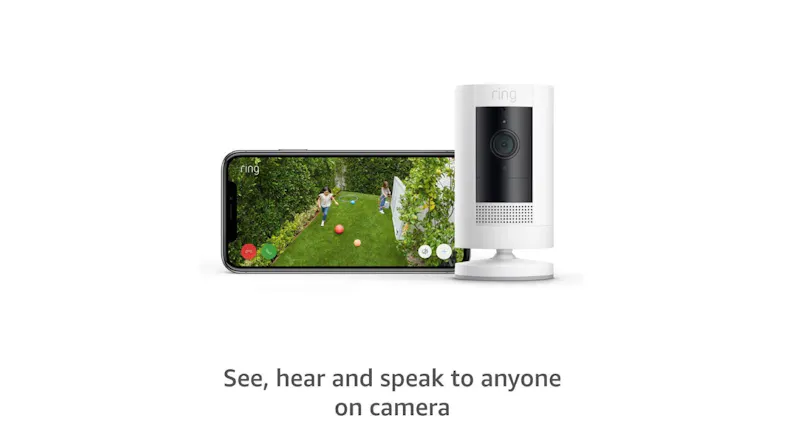 An infograph that shows a Ring camera and a smartphone with text "See, hear, and speak to anyone on camera" An infograph that shows a Ring camera and a smartphone with text "See, hear, and speak to anyone on camera"