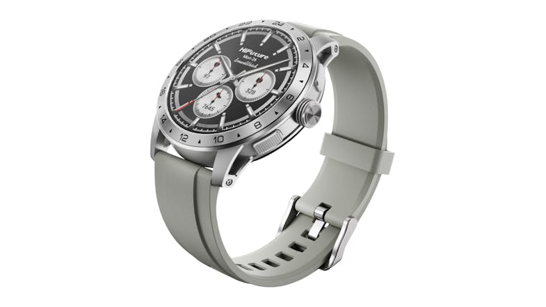 A silver HiFuture Flex2 smartwatch with a grey silicone strap is angled to show its round face. A silver HiFuture Flex2 smartwatch with a grey silicone strap is angled to show its round face.