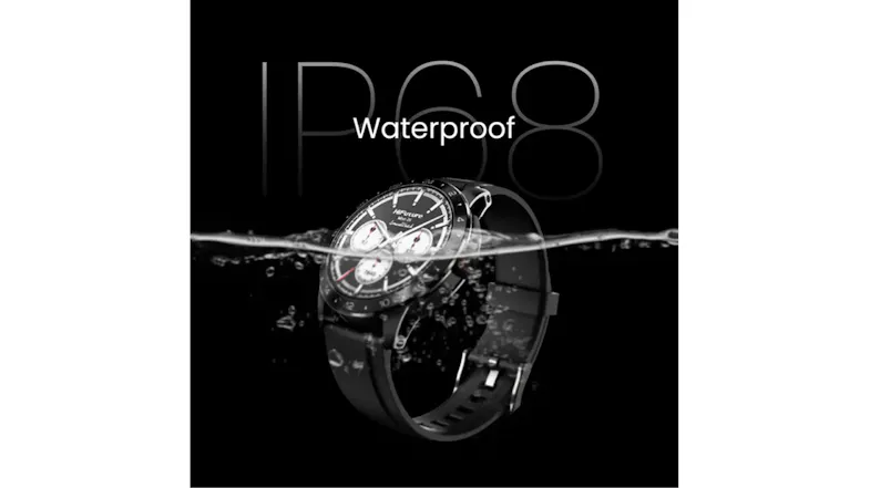 A HiFuture Flex2 smartwatch is shown submerged in water against a dark surface. A HiFuture Flex2 smartwatch is shown submerged in water against a dark surface.
