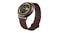 A HiFuture Aurora smartwatch with a round face and a brown strap. A HiFuture Aurora smartwatch with a round face and a brown strap.