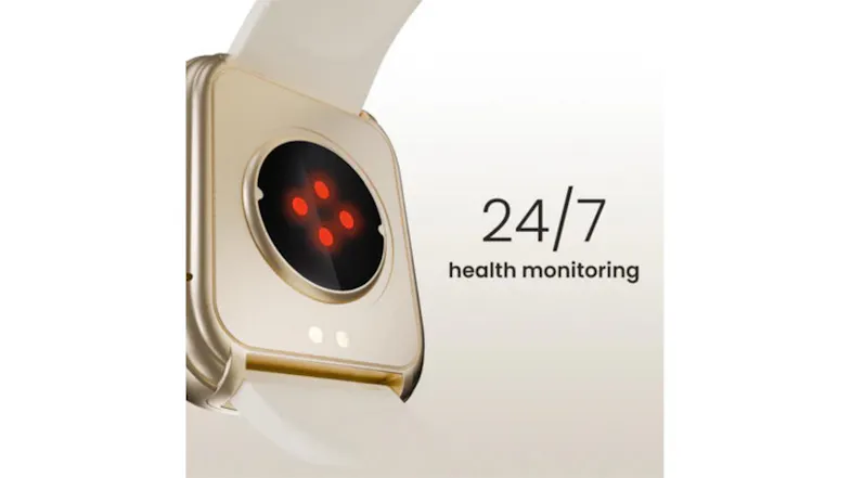 A gold fitness watch showing heart rate data with text "24/7 health monitoring." A gold fitness watch showing heart rate data with text "24/7 health monitoring."