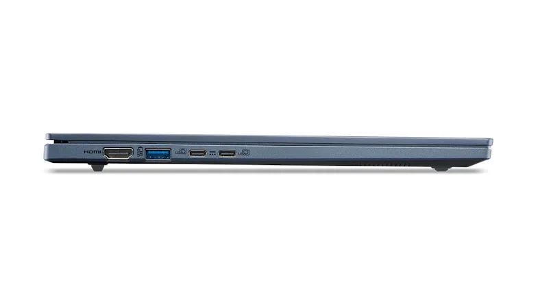 The left edge of a slim laptop with its media and data ports. The left edge of a slim laptop with its media and data ports.