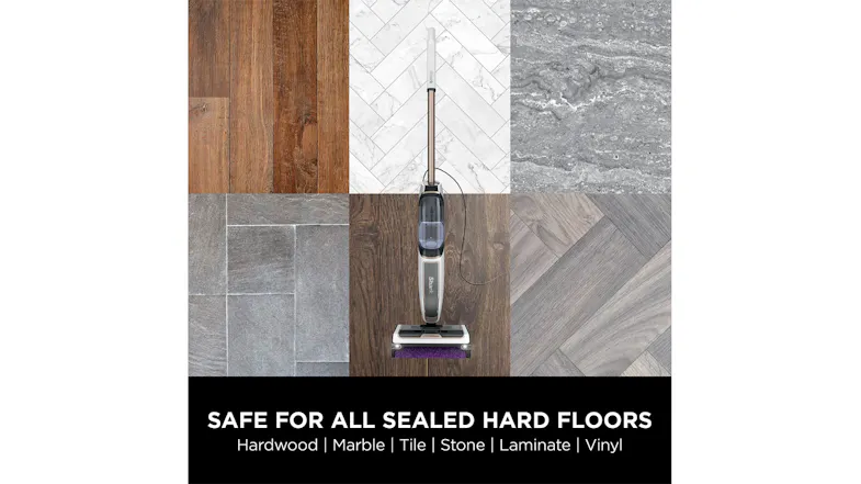 The mop is shown on various hard floor types, with text saying it's "Safe for All Sealed Hard Floors." The mop is shown on various hard floor types, with text saying it's "Safe for All Sealed Hard Floors."