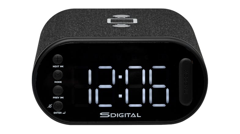 Front view of a modern, compact S-Digital Alarm Clock. Front view of a modern, compact S-Digital Alarm Clock.