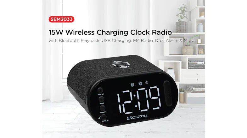 A modern desk clock with its features listed in the text— Bluetooth, USB charging, FM radio, and dual alarm. A modern desk clock with its features listed in the text— Bluetooth, USB charging, FM radio, and dual alarm.