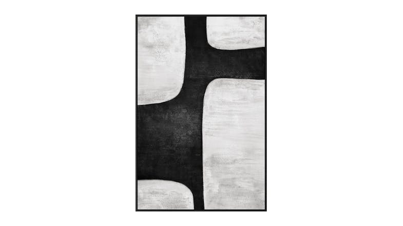 A vertical abstract wall art with a monochrome design and large, connecting shapes. A vertical abstract wall art with a monochrome design and large, connecting shapes.