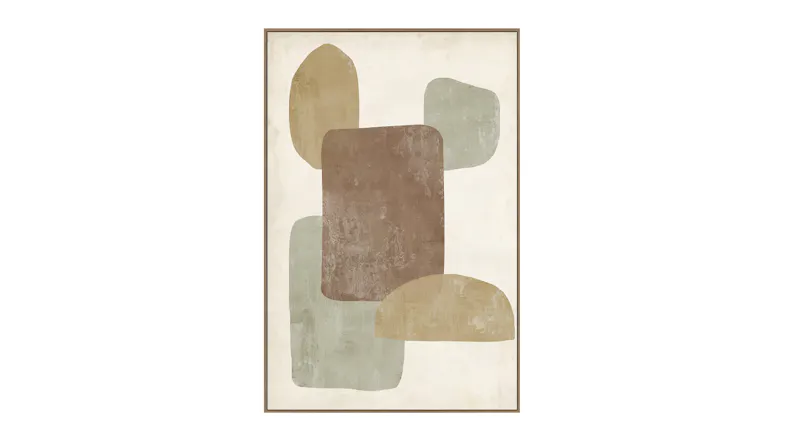View of one framed abstract painting with earthy tones. View of one framed abstract painting with earthy tones.