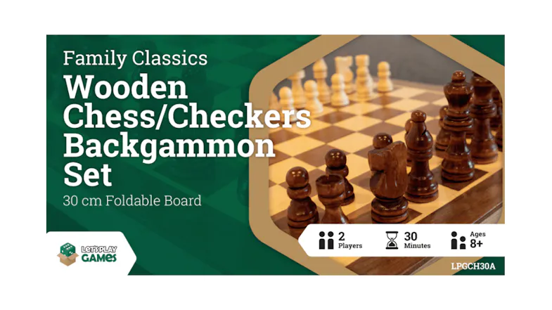 Foldable wooden board game set with chess, checkers, and backgammon pieces Foldable wooden board game set with chess, checkers, and backgammon pieces