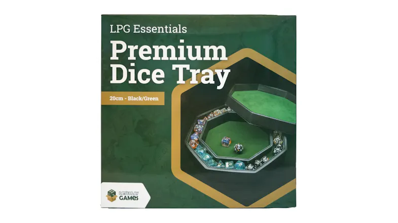 A green box labelled Premium Dice Tray from LPG Essentials A green box labelled Premium Dice Tray from LPG Essentials