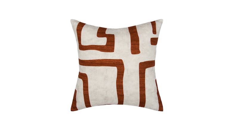 A square throw pillow with a white background and abstract brown geometric patterns A square throw pillow with a white background and abstract brown geometric patterns