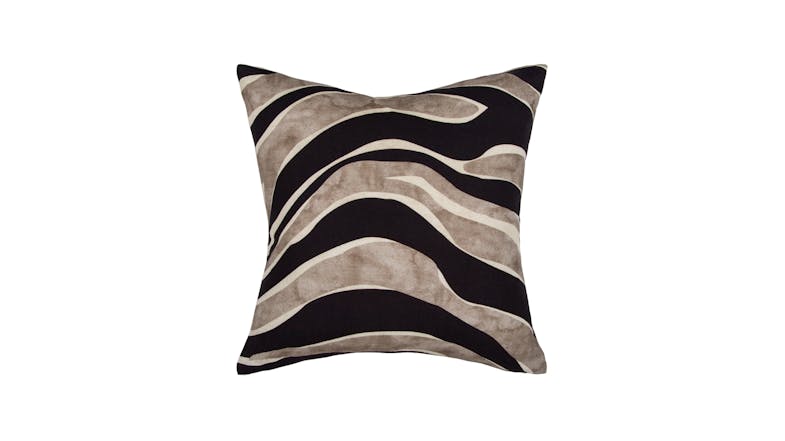 A square decorative pillow with a black and beige wavy zebra-like pattern A square decorative pillow with a black and beige wavy zebra-like pattern