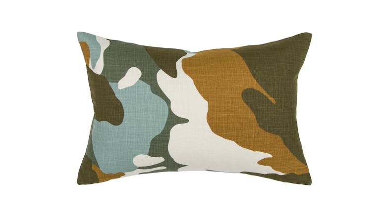 A rectangular pillow with a camouflage pattern in green, brown, white, and light blue A rectangular pillow with a camouflage pattern in green, brown, white, and light blue