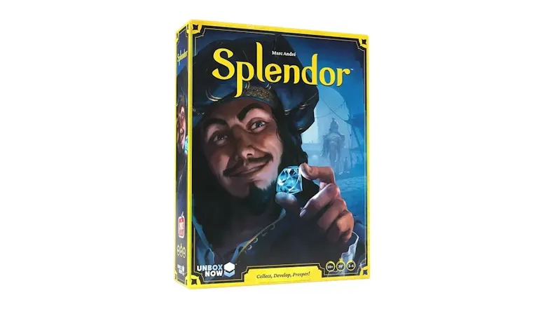 A side-facing view box cover of the Splendor Deckbuilding Card Game A side-facing view box cover of the Splendor Deckbuilding Card Game