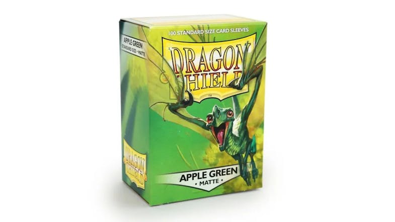 A box of Dragon Shield card sleeves in apple green matte colour. A box of Dragon Shield card sleeves in apple green matte colour.