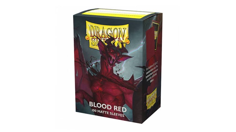 A box containing 100 Dragon Shield protective card sleeves in matte blood red colour. A box containing 100 Dragon Shield protective card sleeves in matte blood red colour.