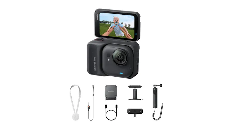 A Midnight Black Insta360 GO Ultra camera, alongside included accessories like lanyard, charging case, and mounts. A Midnight Black Insta360 GO Ultra camera, alongside included accessories like lanyard, charging case, and mounts.