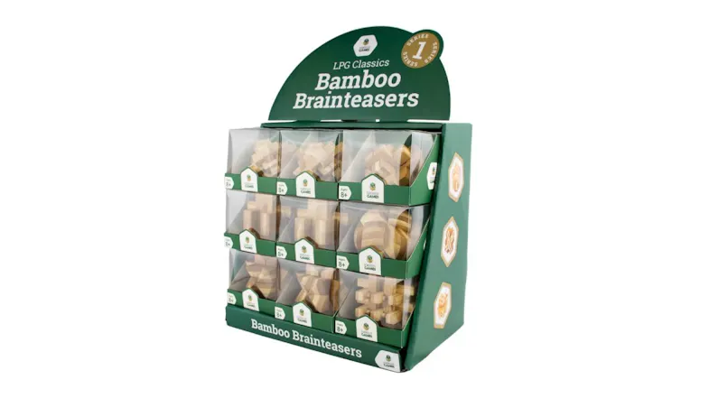 A set of brainteasers and assorted puzzles displayed in green packaging. A set of brainteasers and assorted puzzles displayed in green packaging.