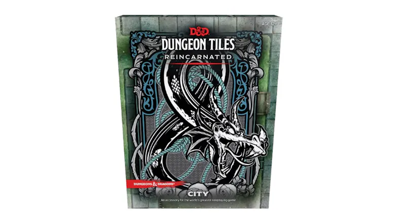 A stylised dragon on a gothic cover for D&D Dungeon Tiles Reincarnated City A stylised dragon on a gothic cover for D&D Dungeon Tiles Reincarnated City
