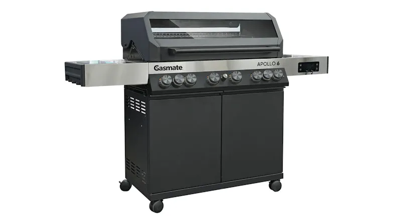 An angled front view of the Gasmate Apollo 6-burner gas grill with side shelves, control knobs, and wheeled storage cabinet An angled front view of the Gasmate Apollo 6-burner gas grill with side shelves, control knobs, and wheeled storage cabinet