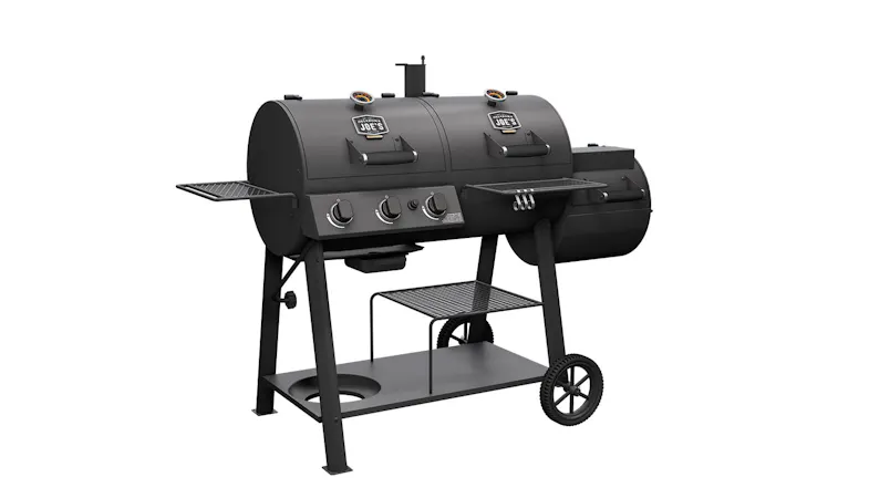 Black Oklahoma Joe's dual-chamber smoker grill with firebox and side shelves Black Oklahoma Joe's dual-chamber smoker grill with firebox and side shelves