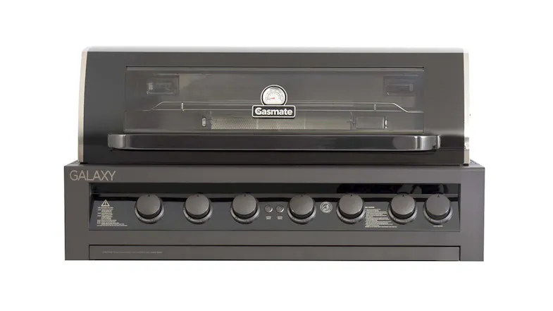 Front view of a BBQ grill with a viewing window, a temperature gauge, and control knobs. Front view of a BBQ grill with a viewing window, a temperature gauge, and control knobs.