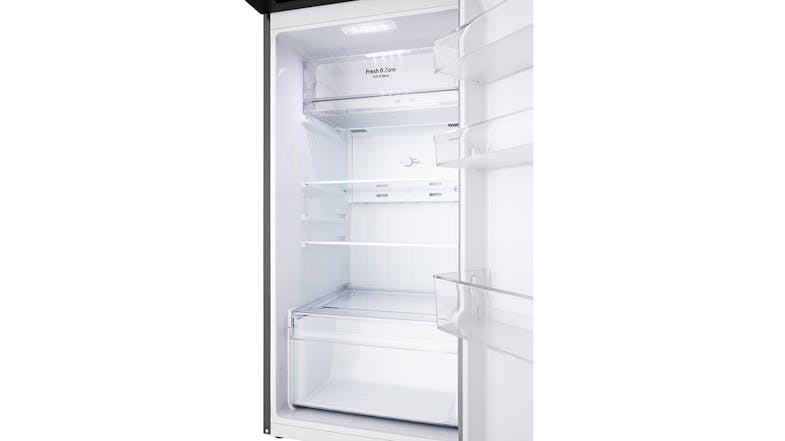 An open top mount fridge freezer with shelves An open top mount fridge freezer with shelves