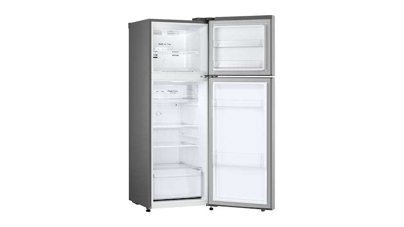A front left side view of a two-door refrigerator with both compartments open A front left side view of a two-door refrigerator with both compartments open