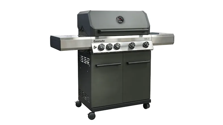 An angled view of the Gasmate Halo BBQ, showcasing its modern build and olive green finish An angled view of the Gasmate Halo BBQ, showcasing its modern build and olive green finish