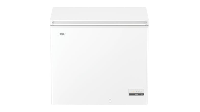A white chest freezer with the Haier logo and a digital control panel on the bottom right corner A white chest freezer with the Haier logo and a digital control panel on the bottom right corner