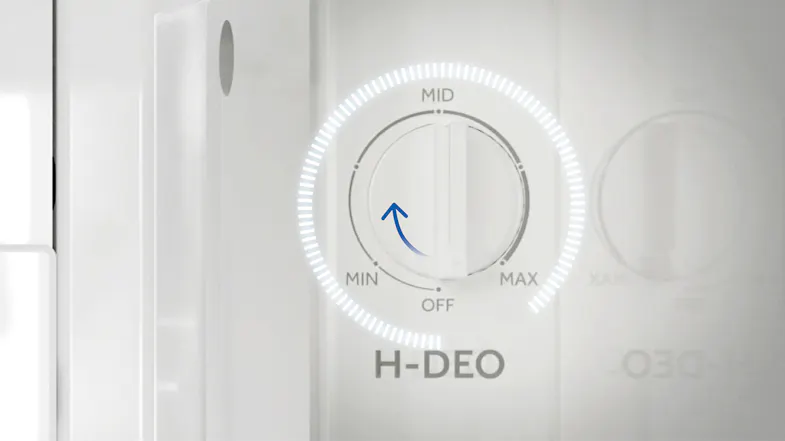 A close-up of the H-DEO dial with settings from OFF to MAX A close-up of the H-DEO dial with settings from OFF to MAX