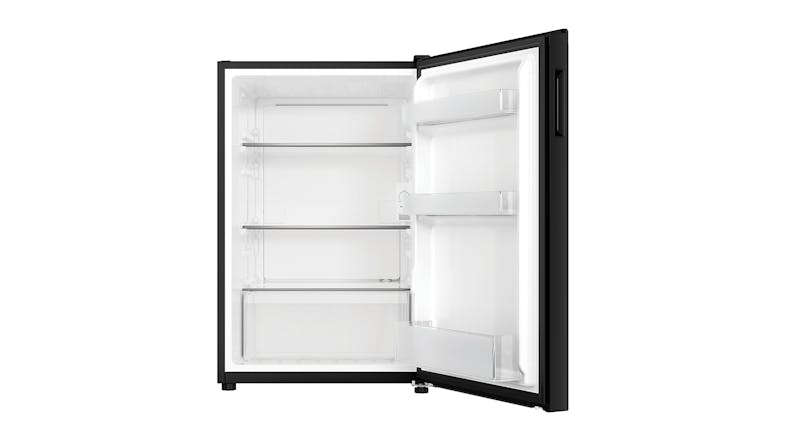 Bar fridge with door open, showing shelves, freezer compartment, and deodoriser Bar fridge with door open, showing shelves, freezer compartment, and deodoriser