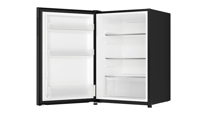 Left-side view of the fridge with door open, showing shelves and freezer compartment Left-side view of the fridge with door open, showing shelves and freezer compartment