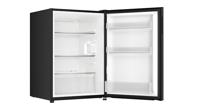 Right-side view of the unit with door open, showing shelves, freezer compartment, and the deodoriser Right-side view of the unit with door open, showing shelves, freezer compartment, and the deodoriser