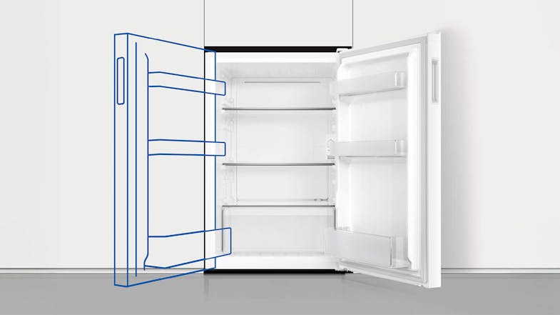 Mini fridge with open reversible door, showing left-right swing Mini fridge with open reversible door, showing left-right swing