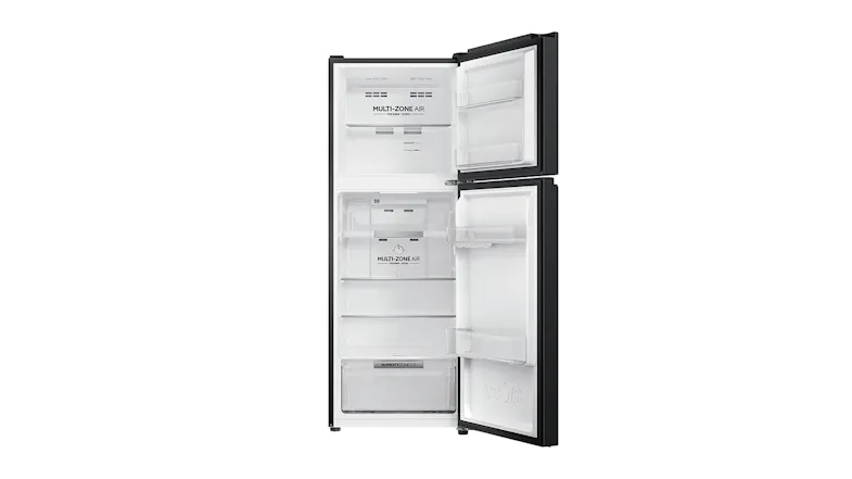 An open Haier refrigerator showing its freezer and fridge storage compartments An open Haier refrigerator showing its freezer and fridge storage compartments