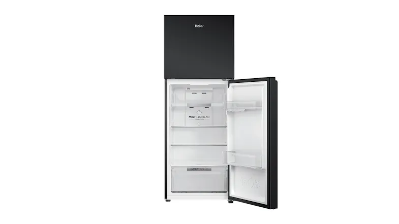 The refrigerator is showing an open fridge compartment with empty shelves The refrigerator is showing an open fridge compartment with empty shelves