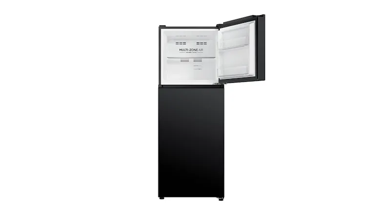 The unit shows an open freezer compartment with empty shelves The unit shows an open freezer compartment with empty shelves