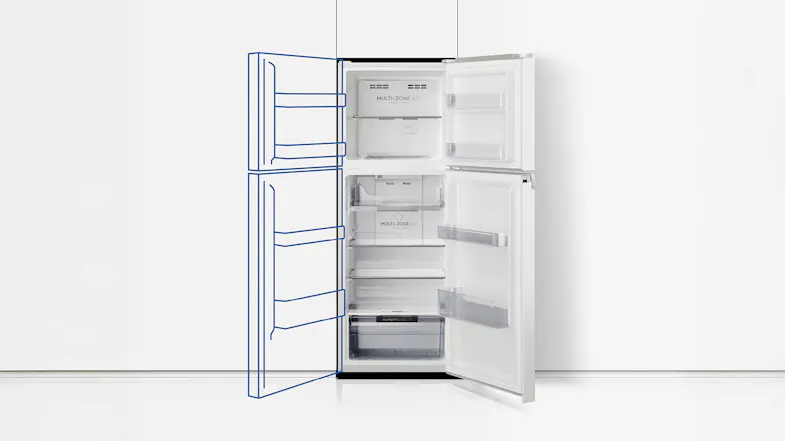 The Haier unit with an open reversible door, showing left-right swing The Haier unit with an open reversible door, showing left-right swing