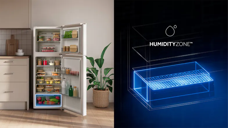 Haier fridge showing HUMIDITYZONE™ drawer and neatly arranged contents Haier fridge showing HUMIDITYZONE™ drawer and neatly arranged contents