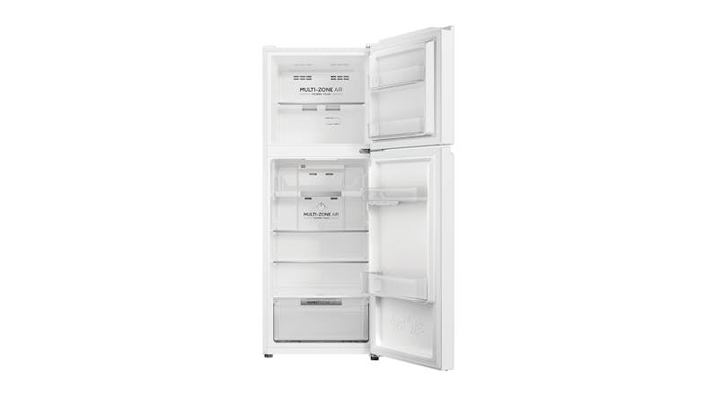 An open Haier refrigerator showing its freezer and fridge storage compartments An open Haier refrigerator showing its freezer and fridge storage compartments