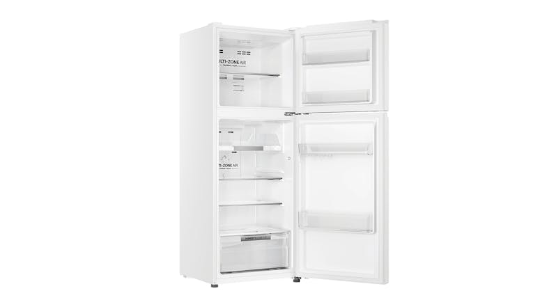 Side view of the refrigerator with both freezer and fridge doors open Side view of the refrigerator with both freezer and fridge doors open