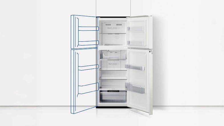 The Haier unit with an open reversible door, showing left-right swing The Haier unit with an open reversible door, showing left-right swing