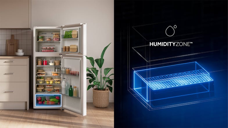 Haier fridge showing HUMIDITYZONE™ drawer and neatly arranged contents Haier fridge showing HUMIDITYZONE™ drawer and neatly arranged contents